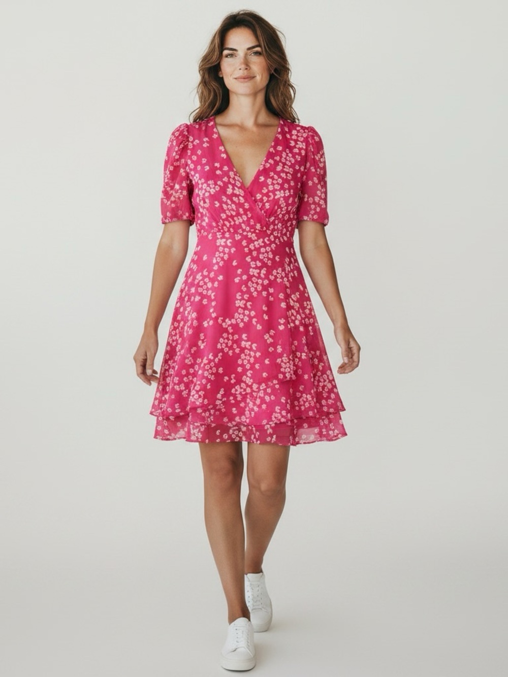 New Calvin Klein Floral Wrap Short Sleeve Dress in Hot Pink retail $119 size 8